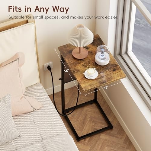 C Shaped End Table with Charging Station, Adjustable Rustic Brown With Plug