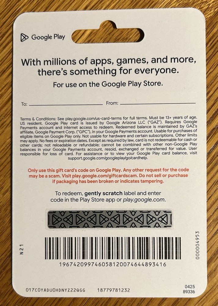 $25 Google Play Gift Physical Card NEW UNUSED