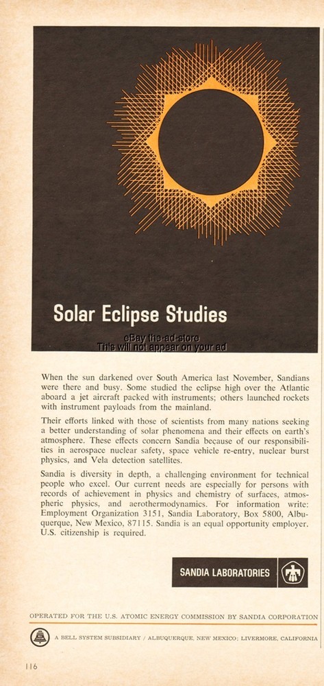 1967 Sandia Laboratories Albuquerque NM Livermore CA Solar Eclipse Studies Ad