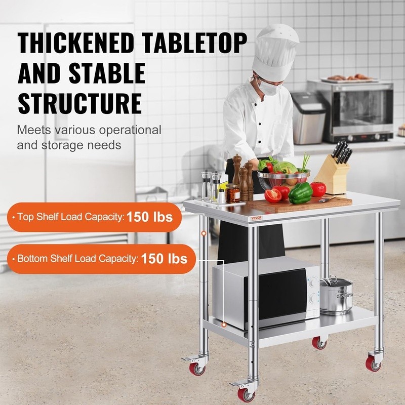 Heavy Duty Stainless Steel Prep Table W/ Adjustable Undershelf & Rolling Wheels