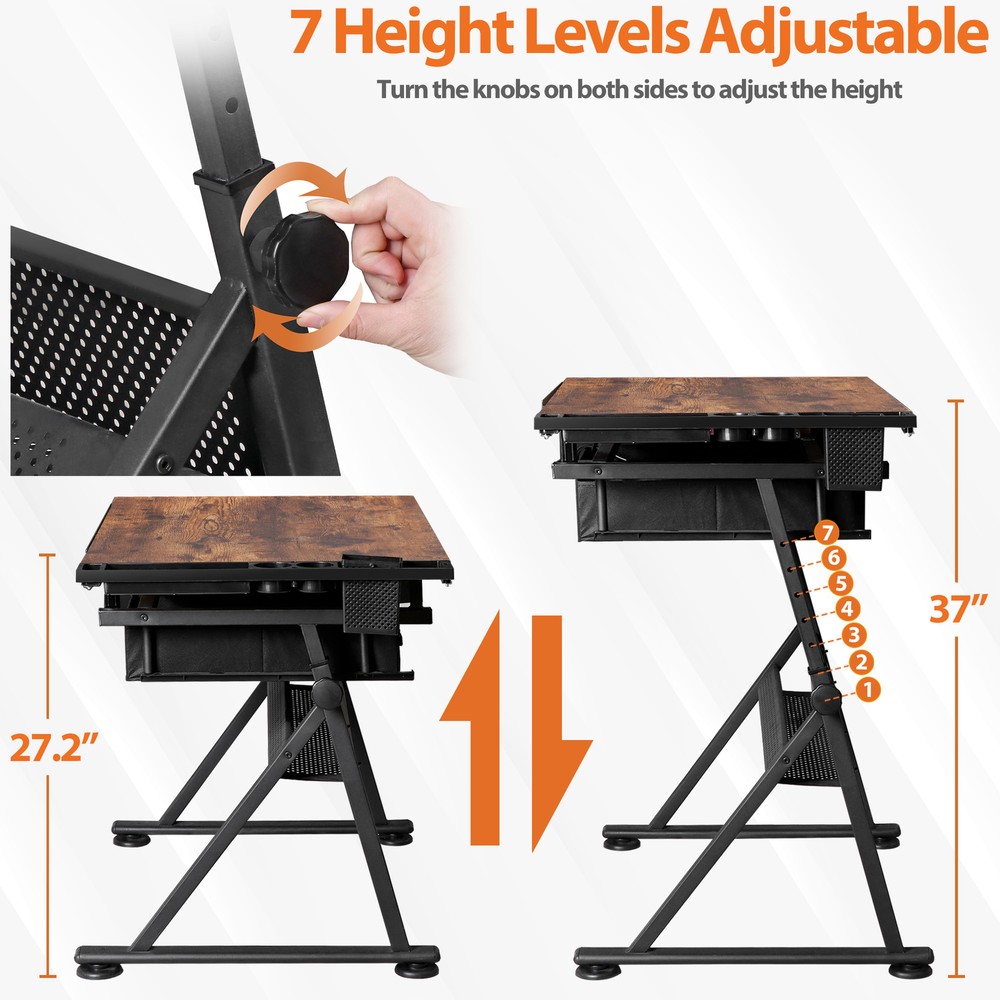 Adjustable Drafting Table & Stool Set Artist Desk with Charging Station Retro