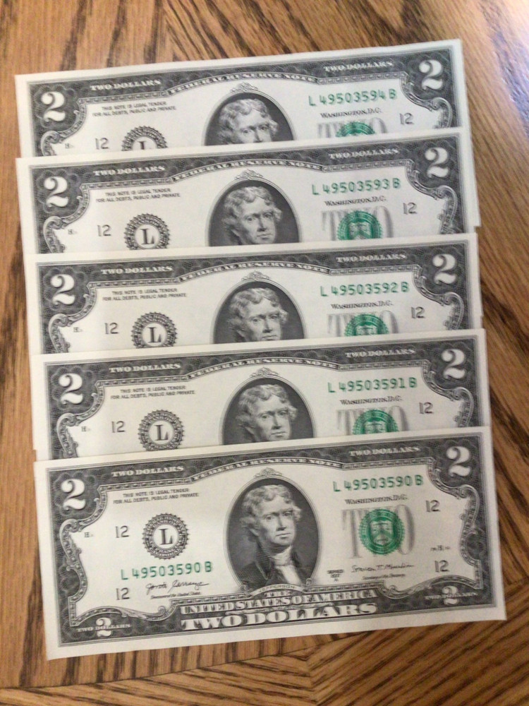(5) Consecutive MINT Uncirculated US $2 Dollar Bills Sequential ; L Series