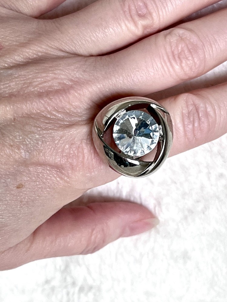 Silver and Crystal Wire Wrapped Button Ring Statement Piece Size 7