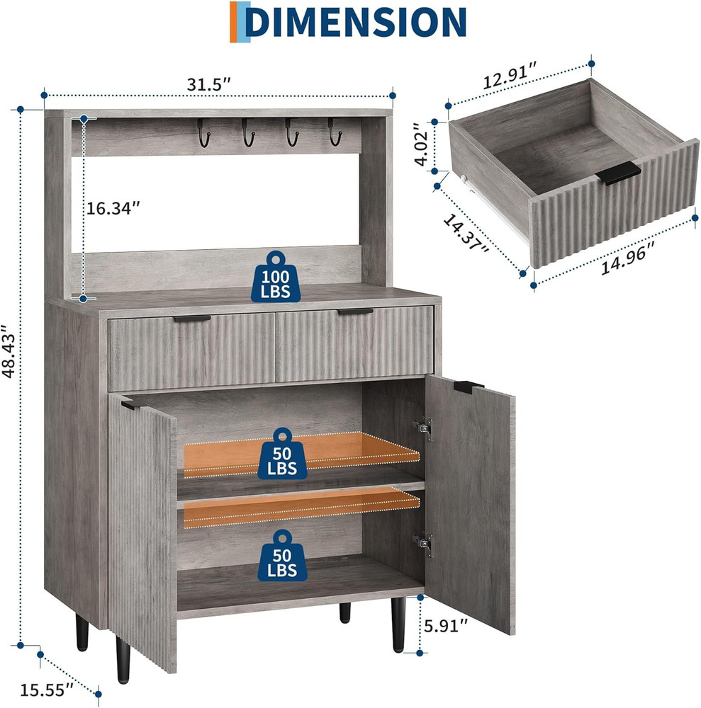 Modern Grey Fluted Sideboard Buffet Cabinet with Adjustable Shelves & Drawers