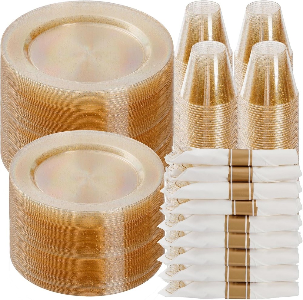 Goodluck 700 Piece Gold Glitter Plastic Dinnerware Set for 100