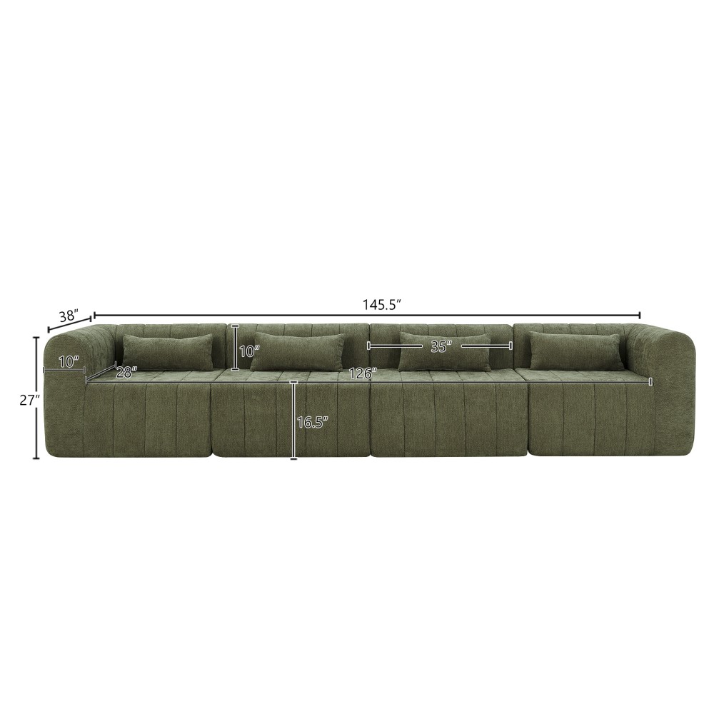 145.5" Modular Sectional Sofa w/4 Pieces, Green Polyester Fabric