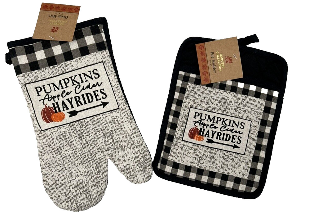 Fall Pumpkin Kitchen 2pc Set Includes 1 PotHolders 1 Oven Mitt Apple Hayride