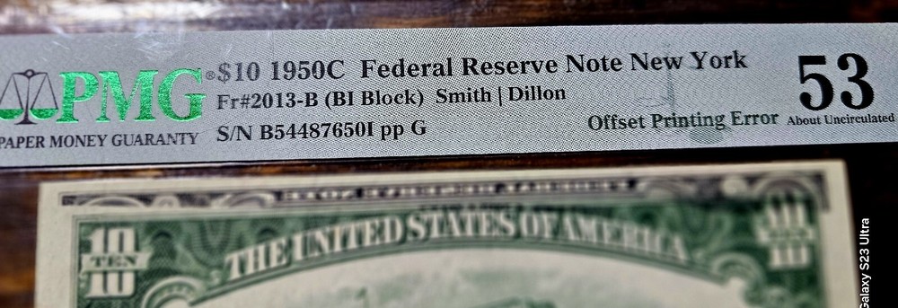 1950C $10 OFFSET PRINTING ERROR W/REJECTION MARK Federal Reserve Note!