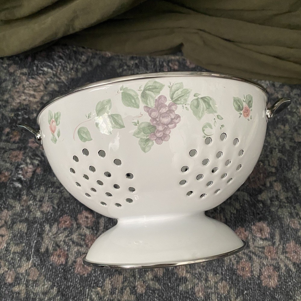 Vintage White Enamel Colander Grape And Rose Design