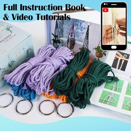 with Instruction Book Tutorials Metal Rings 4mm Macrame Plant Hanger Kit