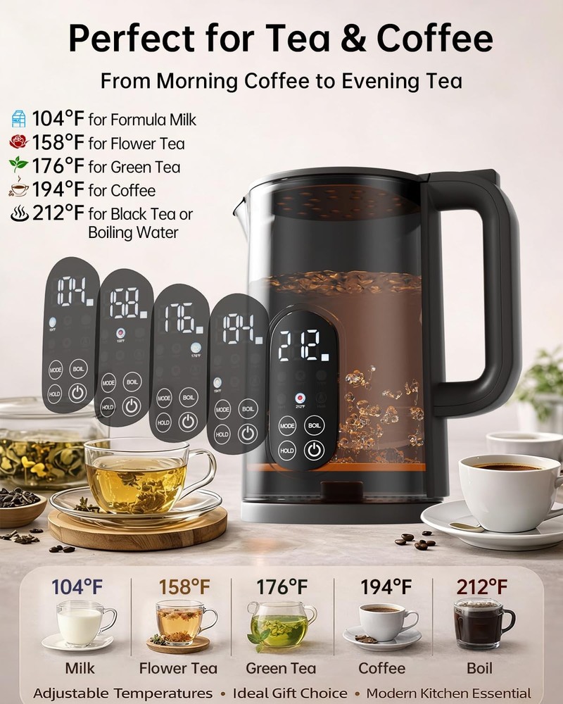 Electric Kettle with Temperature Control, 1.7L Stainless 1.8 Quarts, Black