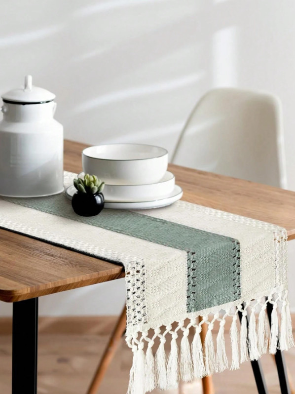 Boho Macrame Table Runner with Tassels Cream Brown Farmhouse Rustic Wedding