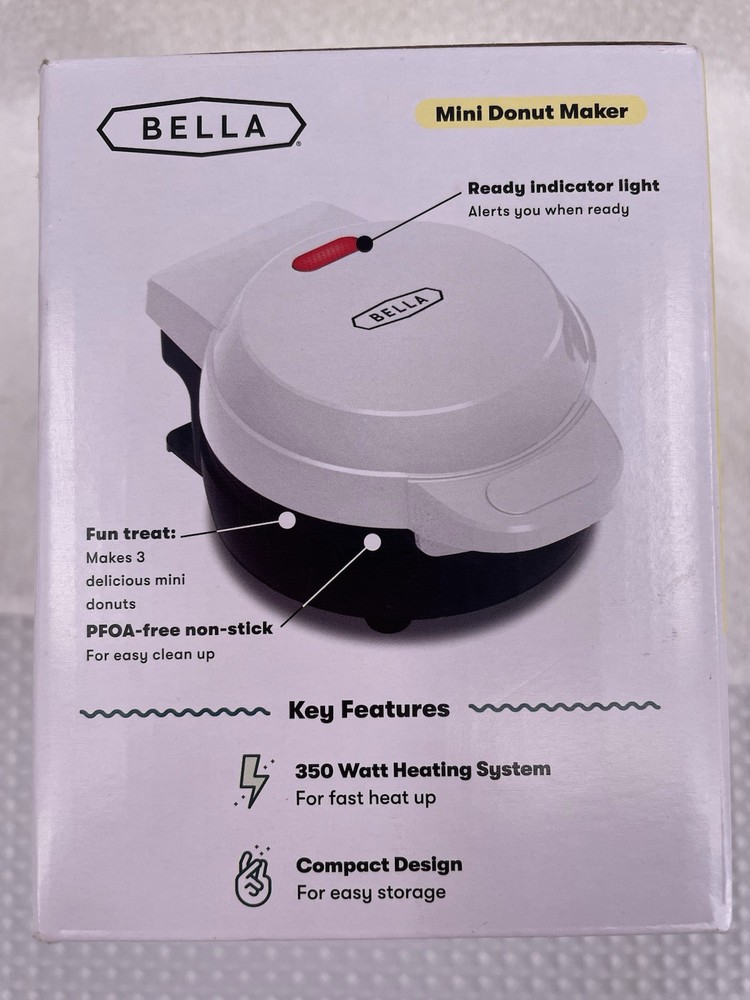 Bella Mini Donut Maker Non-Stick Easy Compact Design Makes 3 Donuts - white