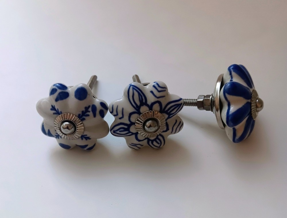 6 Porcelain Ceramic Blue & White Drawer Cabinet Door Knobs Handle Pulls 2"
