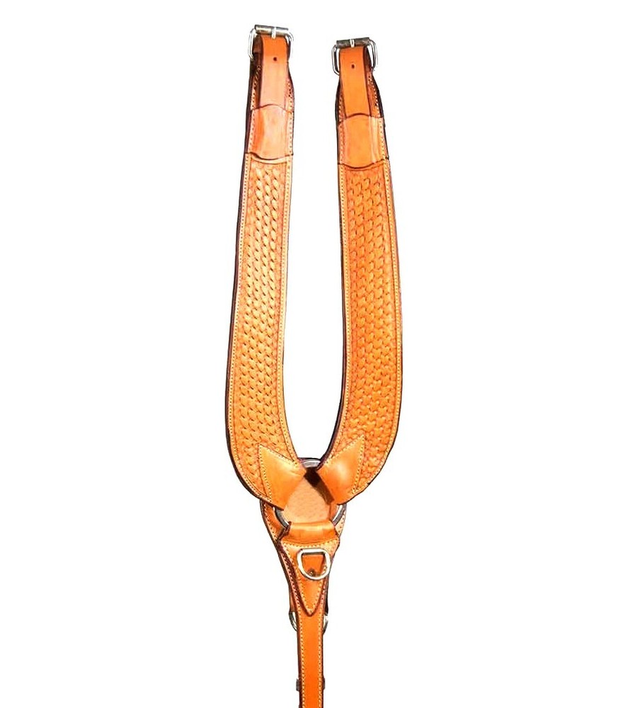 Western Horse Saddle Breast Collar Hand Tooled Basket Weave Pulling Collar Tan