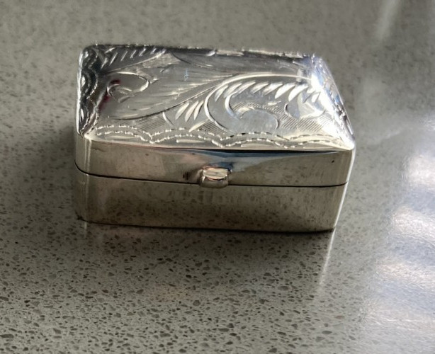 Vintage Engraved Sterling Silver Rectangle Pill Box