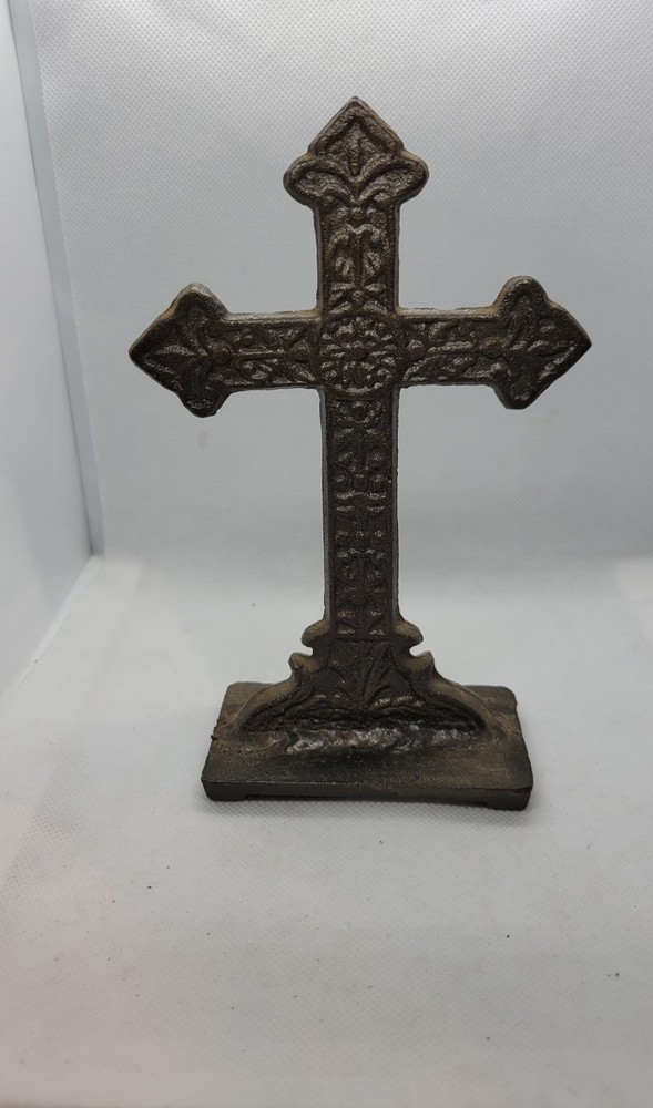 Cast Iron Cross Statue Decorative Gothic Fleur De Lis 6.5"