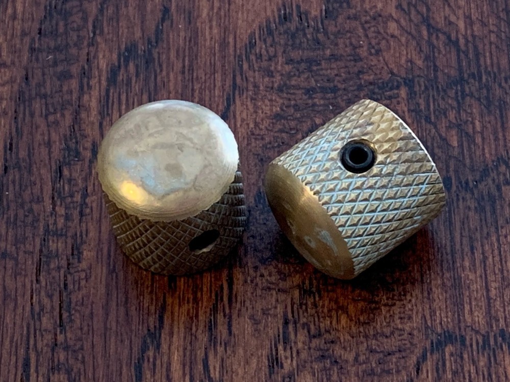 (2) Solid 'AGED' Raw BRASS Guitar Knobs / Dome / Set Screw / Fender / CTS Pots