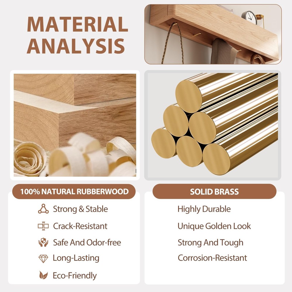 Solid Wood Wall Mounted Coat Rack with Shelf Hooks - Modern Floating Shelves ...