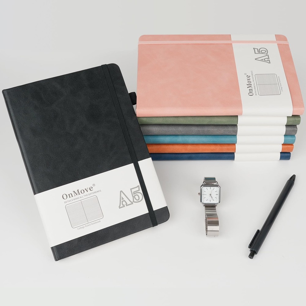 OnMove Notebooks Journal for Women Men 3 Pack Bulk Leather Lined, Black