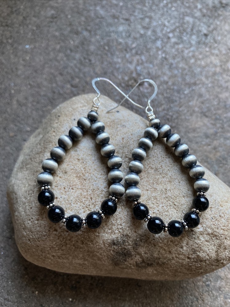 Sterling Silver Black Onyx W Pearls Bead Loop Earrings.