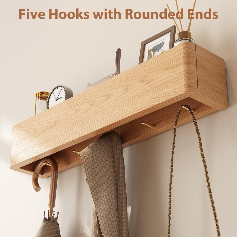 Solid Wood Wall Mounted Coat Rack with Shelf Hooks - Modern Floating Shelves ...