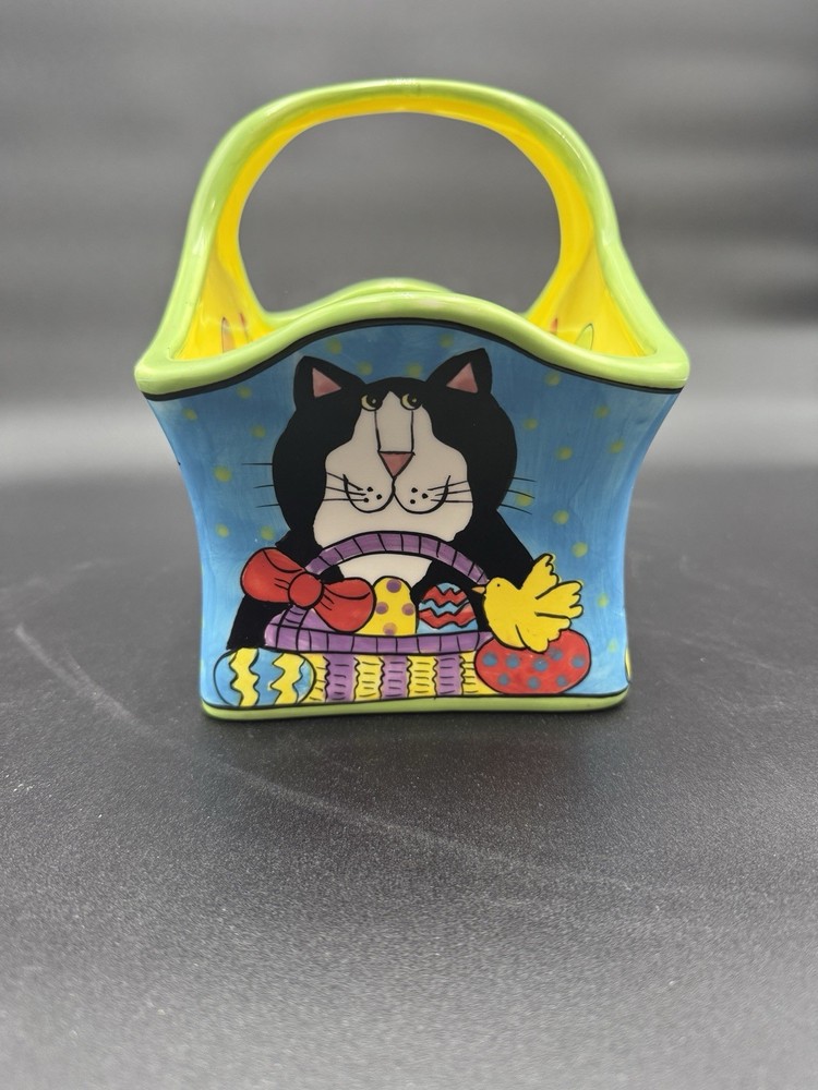 2001 Candace Reiter 'CATZILLA' Ceramic Easter Basket Spring Decor