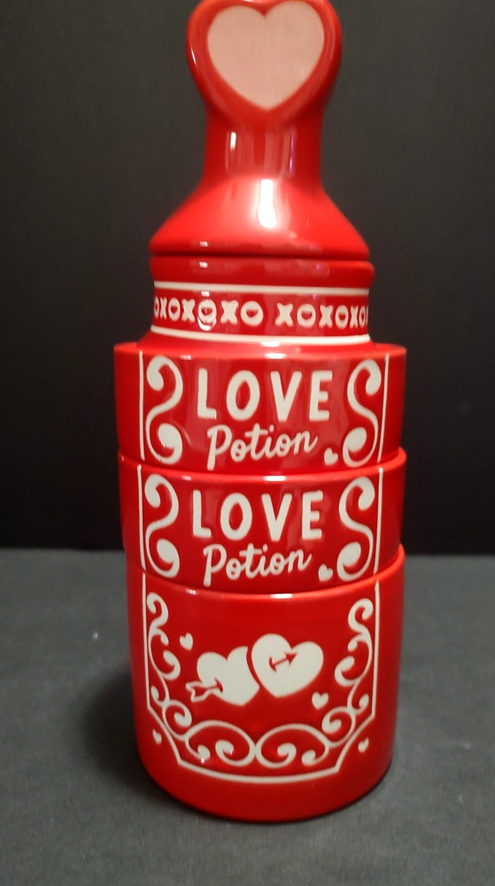 Red Ceramic Love Potion Bottle Shaped Stacking Measuring Cup Set 9" Tall