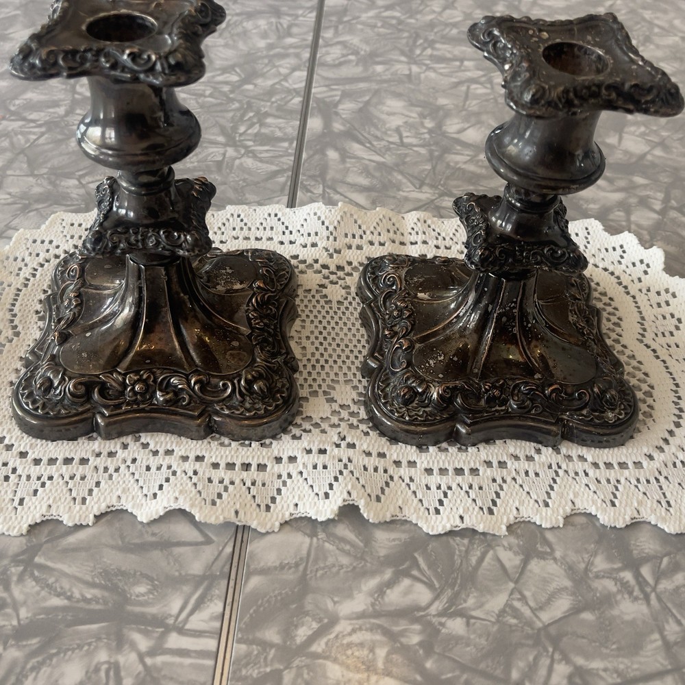 Baroque & Rococo Silverplate Candlesticks Pair with Removable Bobeches antique