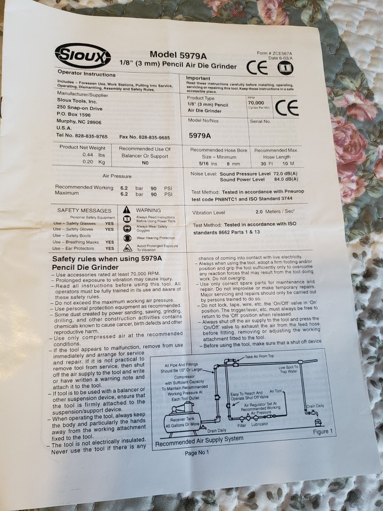 Sioux Model 5979A Pencil Air Die Grinder ***Operator Instructions ONLY **