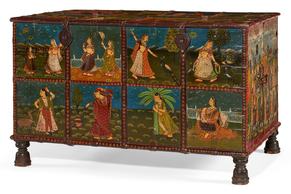 Antique Mughal Indian Hand-Painted Wedding Chest
