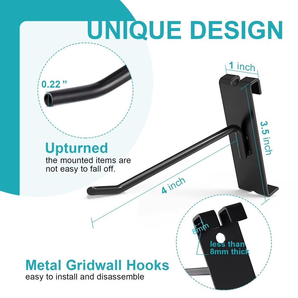 HJW Gridwall Hooks 4 Inch, 50Pcs Display Hooks for Grid Wall, Grid Wall Hooks