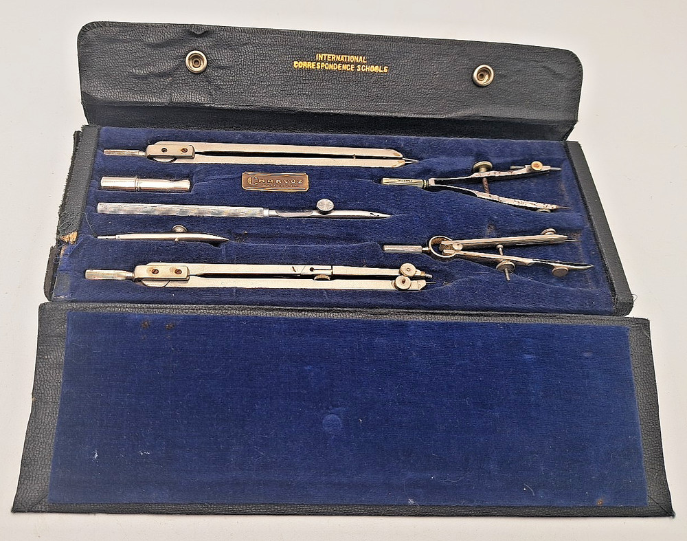 Charvos Drafting Set Engineering Mechanical Tools & Case 7 Piece Vintage READ