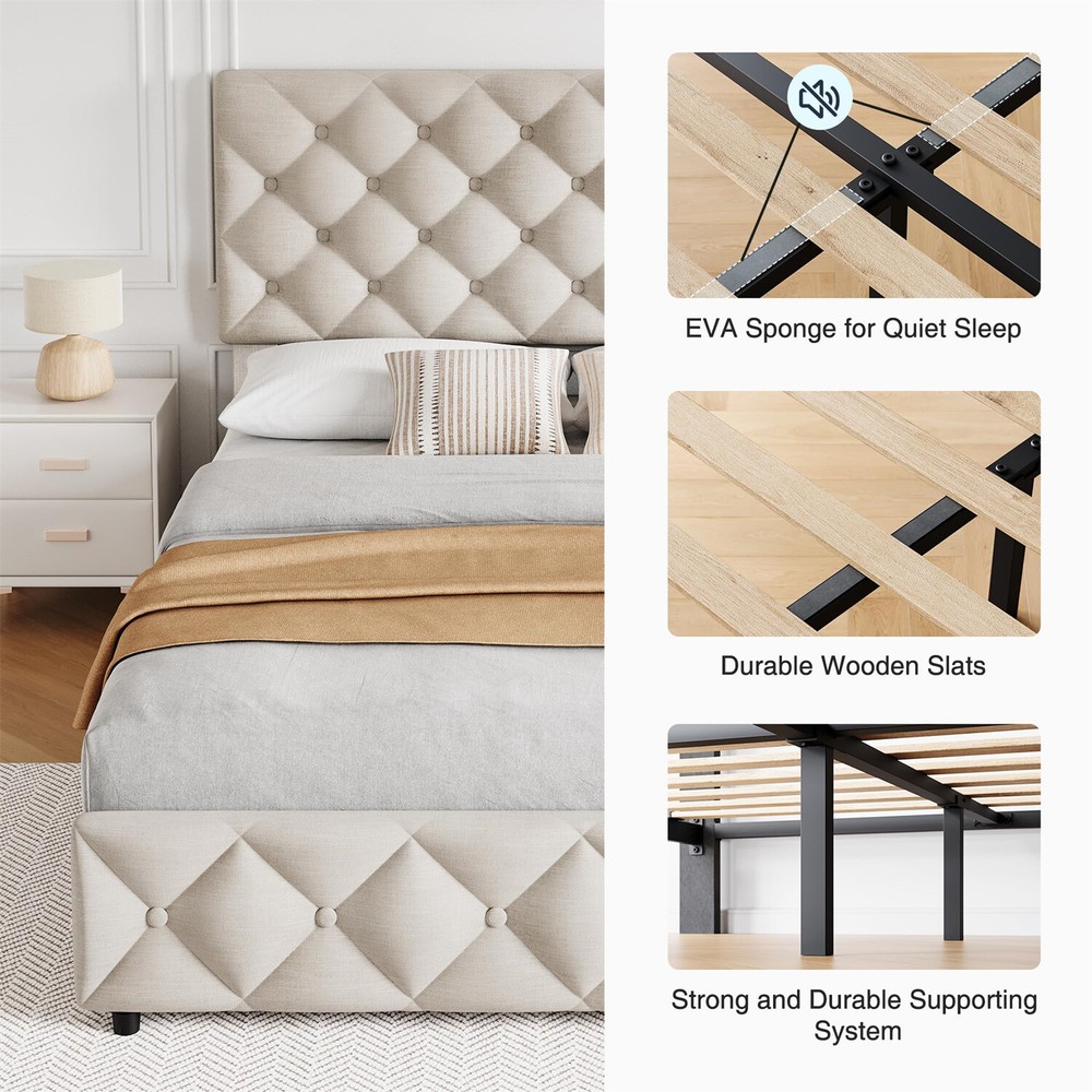 4 Storage Drawers and Headboard Full Size Bed Frame Linen Upholstered Platform