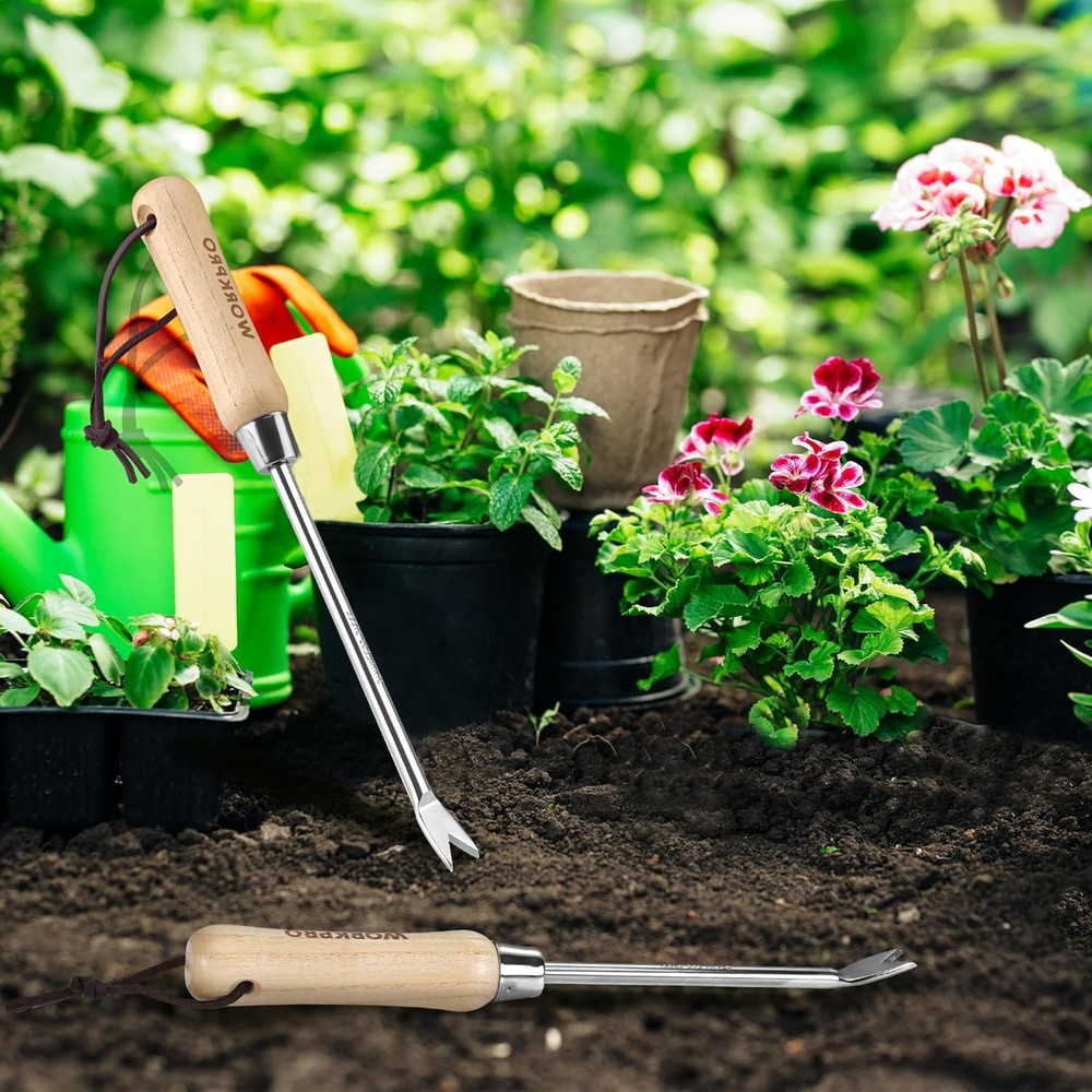 WORKPRO Dandelion Weeder Puller Tool with Wood Handle, Polished Stainless Steel
