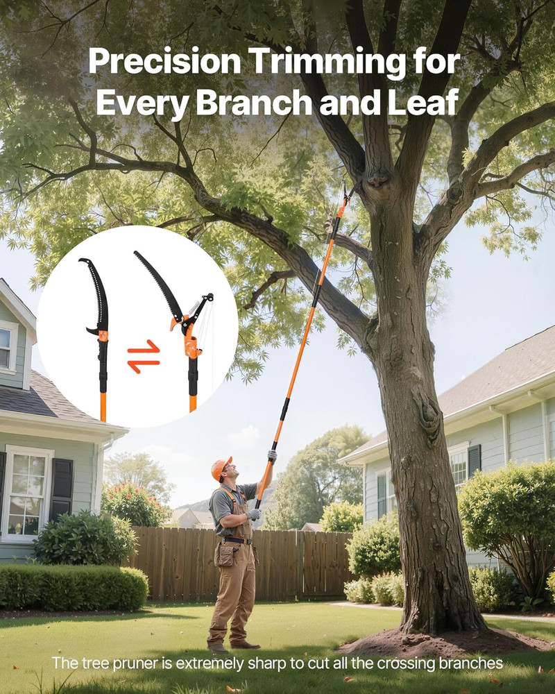 Manual Pole Saw, 4.46-26.4 Ft Extendable Tree Pruner with Scissors, Sharp 65Mn S
