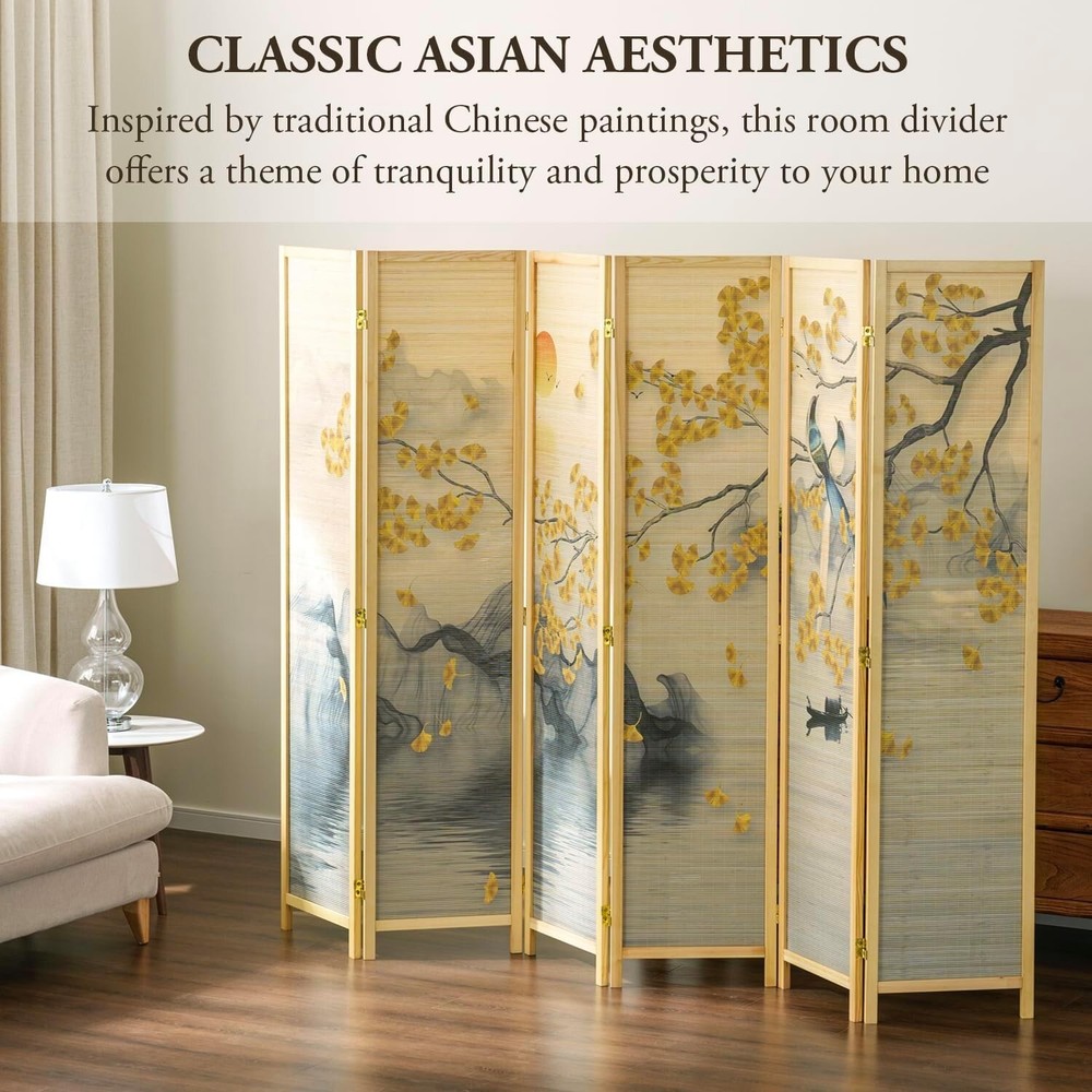 Freestanding 6 Panel Bamboo Room Divider, Artwork Partition Folding Screen