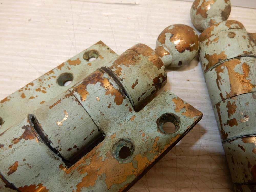 ANTIQUE PAIR LARGE SOLID BRASS SPRING HINGES OLD BLUE PAINT