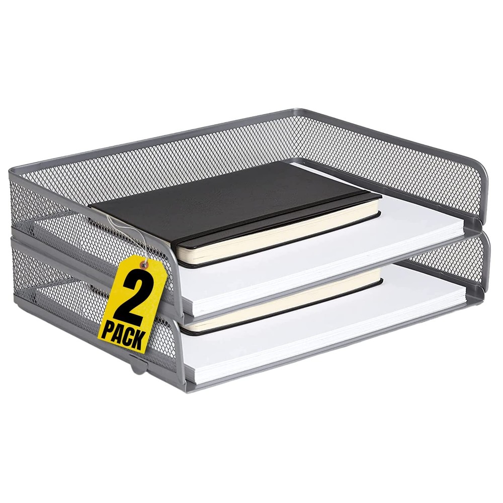 2-Pack Silver Wire Metal Mesh Letter Tray Stackable Side-Loading Organizer