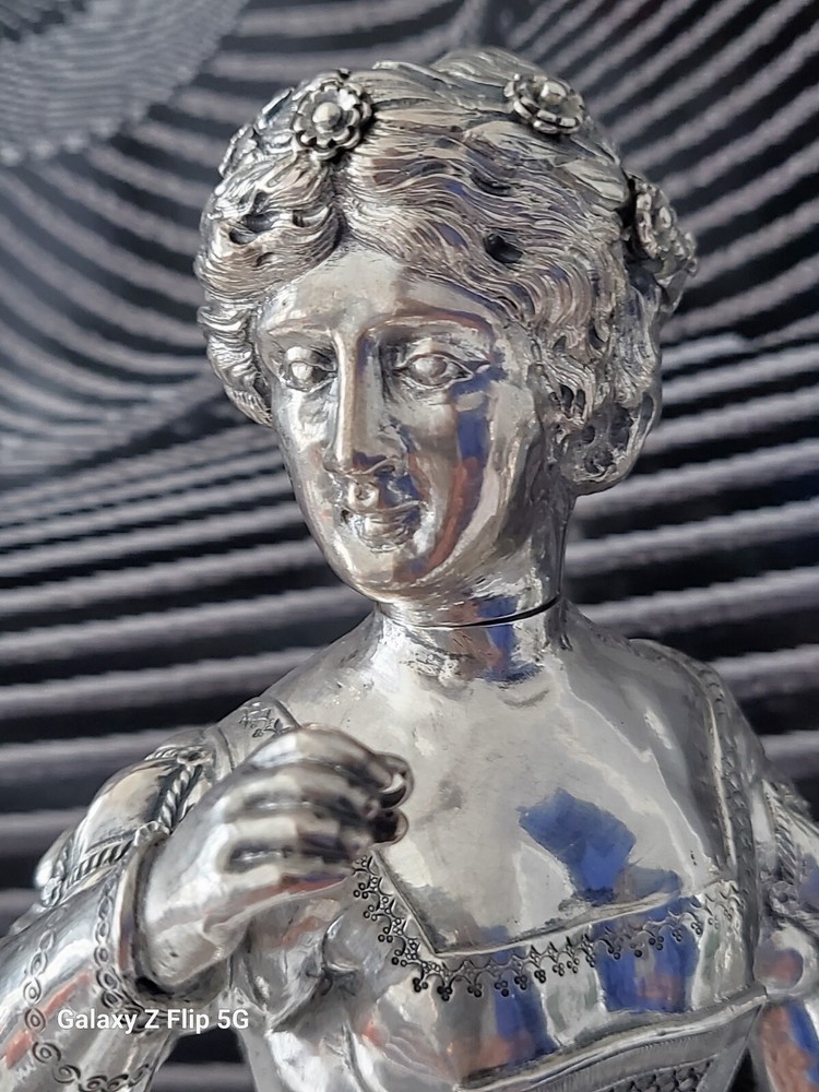 EXEPTIONAL PAIR EXTRA LARGE ANTIQUE HANAU GERMAN SILVER FIGURAL DECANTERS CA1880