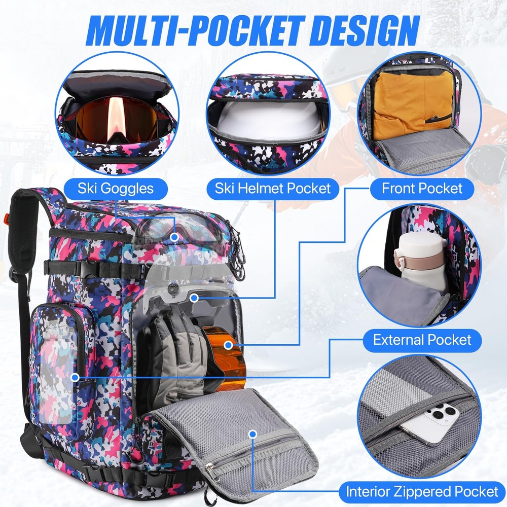 Ski Boot Bag Backpack, 60L Waterproof Travel Ski Boot Bag Backpack for Ski Snowb