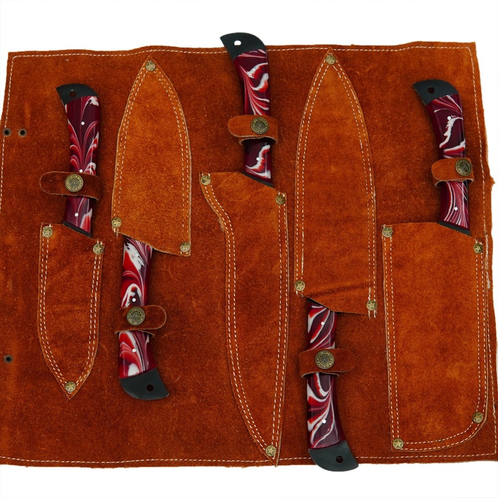 CUSTOM HANDMADE D2 HAMMERED PATTERN 5 PIECES CHEF SET WITH LEATHER CARRYING BAG