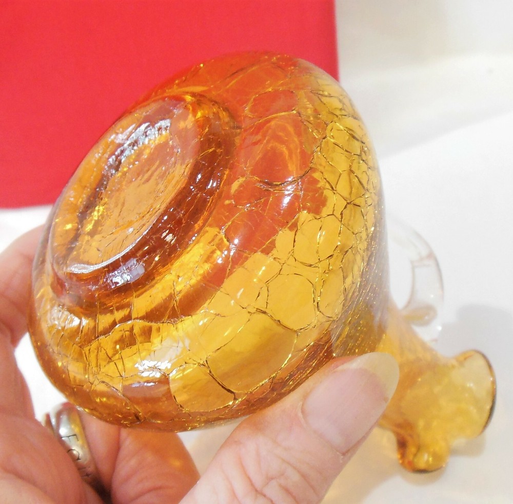 Amber Gold Crackle Glass Mini Pitcher Creamer Applied Clear Handle