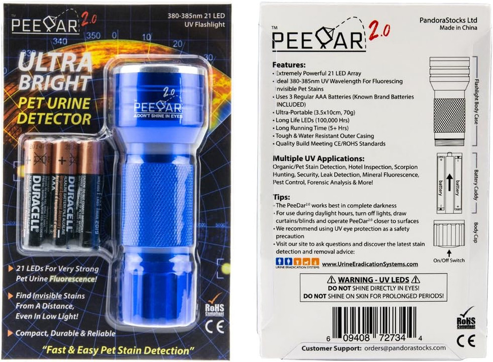 2.0 UV Pet Urine Detector Black Light LED Flashlight + Cat & Dog Behavior Guide.