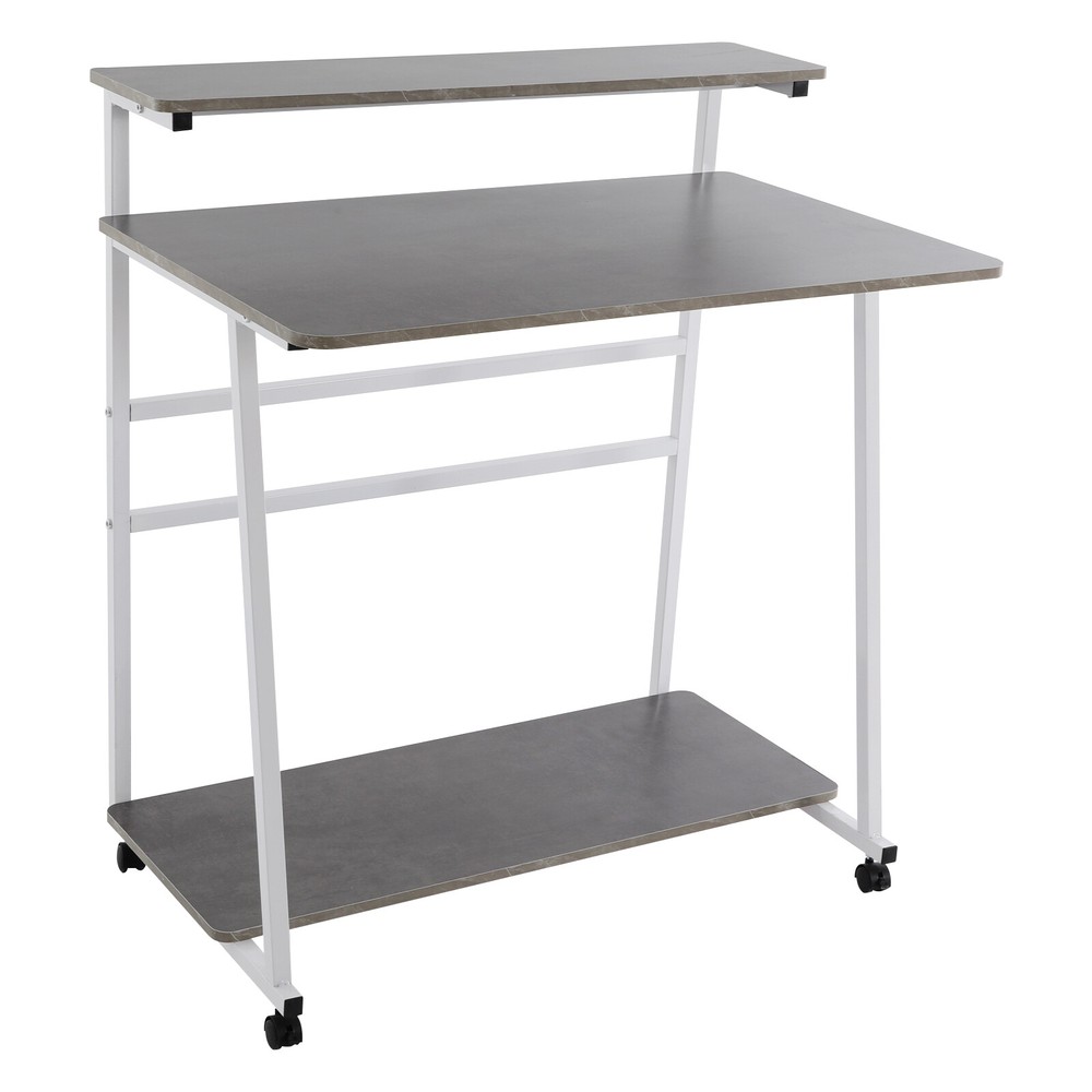 3-tier Computer Desk, Home Office Desk, Rolling Computer Desk, White, Grey
