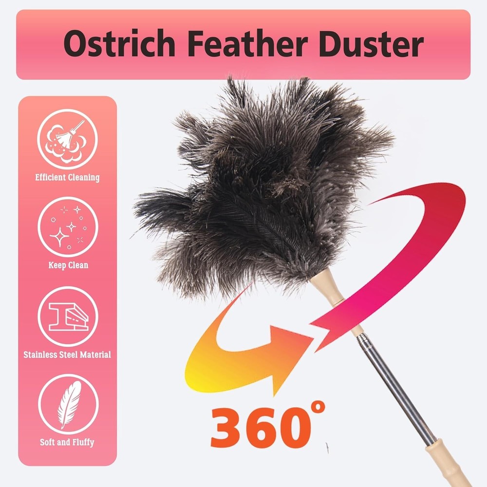 Extendable Ostrich Feather Duster, Natural Ostrich Feathers Long Handle Duste...