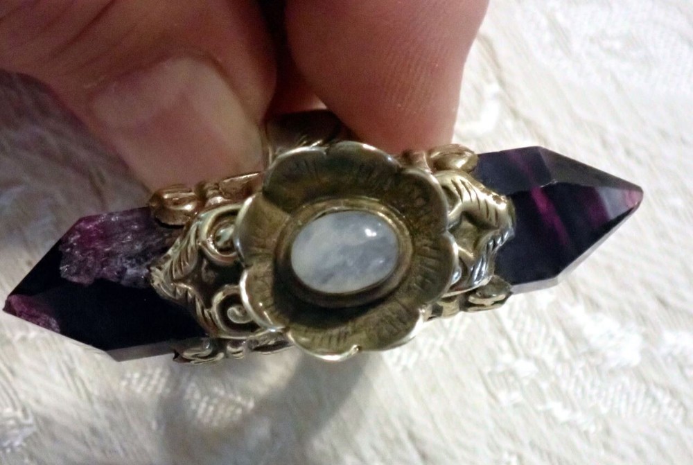 Purple Fluorite double point Ring with Moonstone adjustable