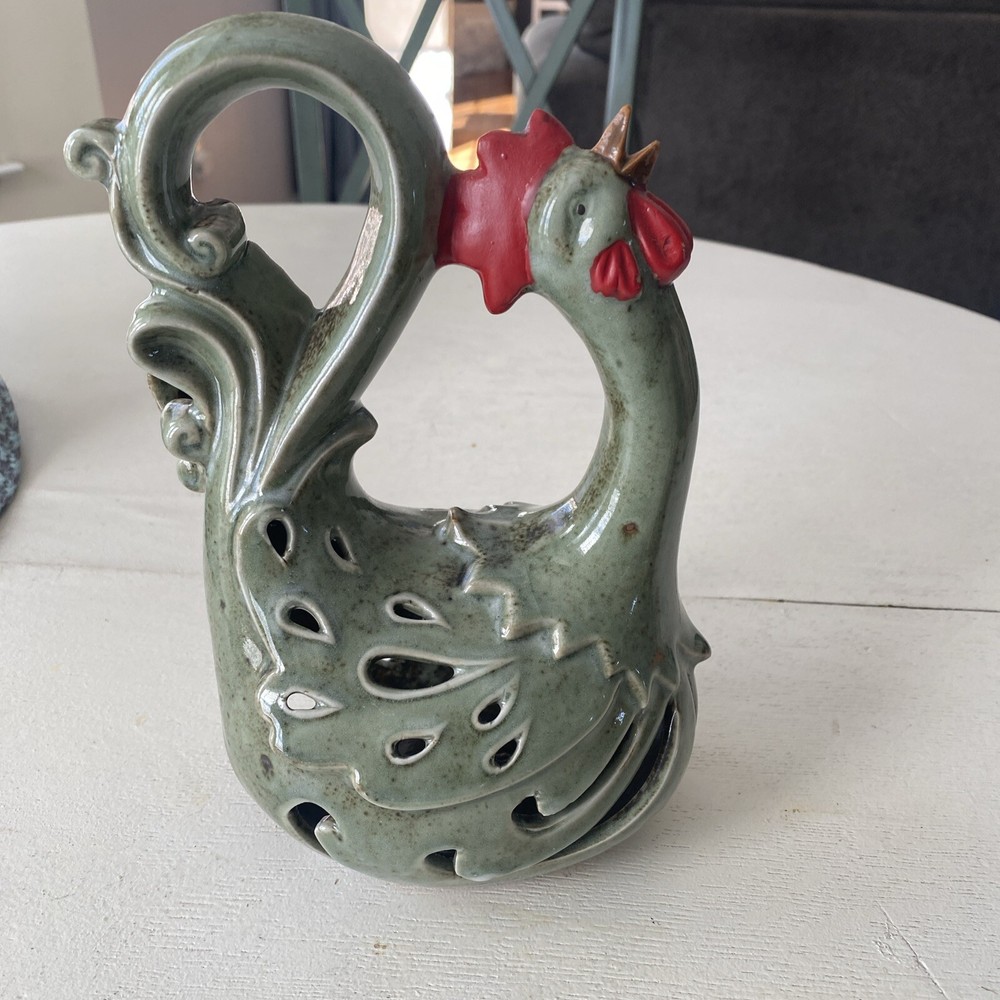 Ceramic Rooster Chicken Incense burner Tea Light Decor - green and red