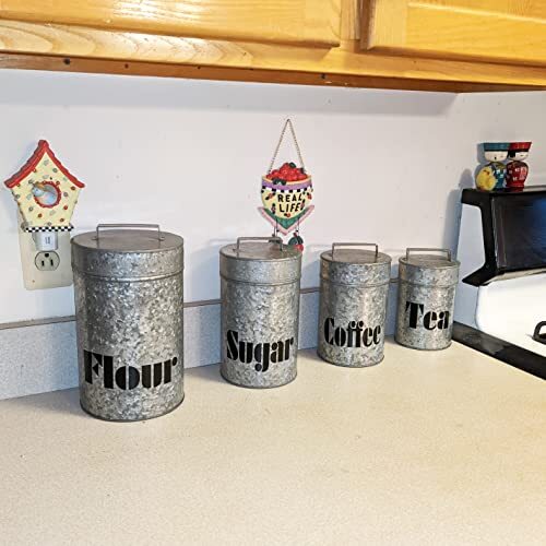 4 Set Galvanized Metal Kitchen Storage Canisters w\ Lids-Labeled w\ diff labels