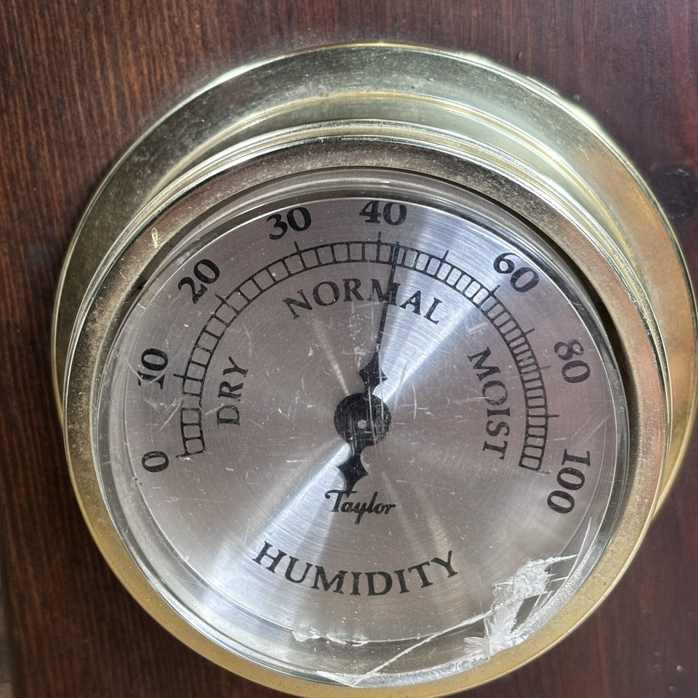 Vintage Taylor Thermometer Hygrometer Weather Station Combo On Solid Oak Panel